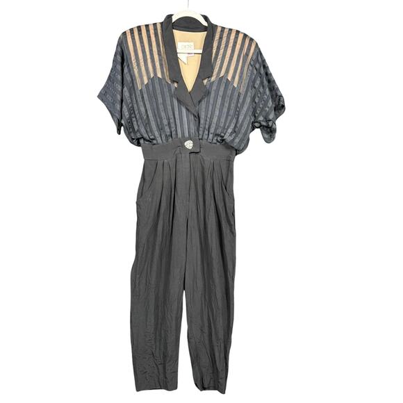 Vintage Cache Jumpsuit Womens 10 Black Sheer Striped Top Pleated Pants USA *READ - Picture 1 of 13